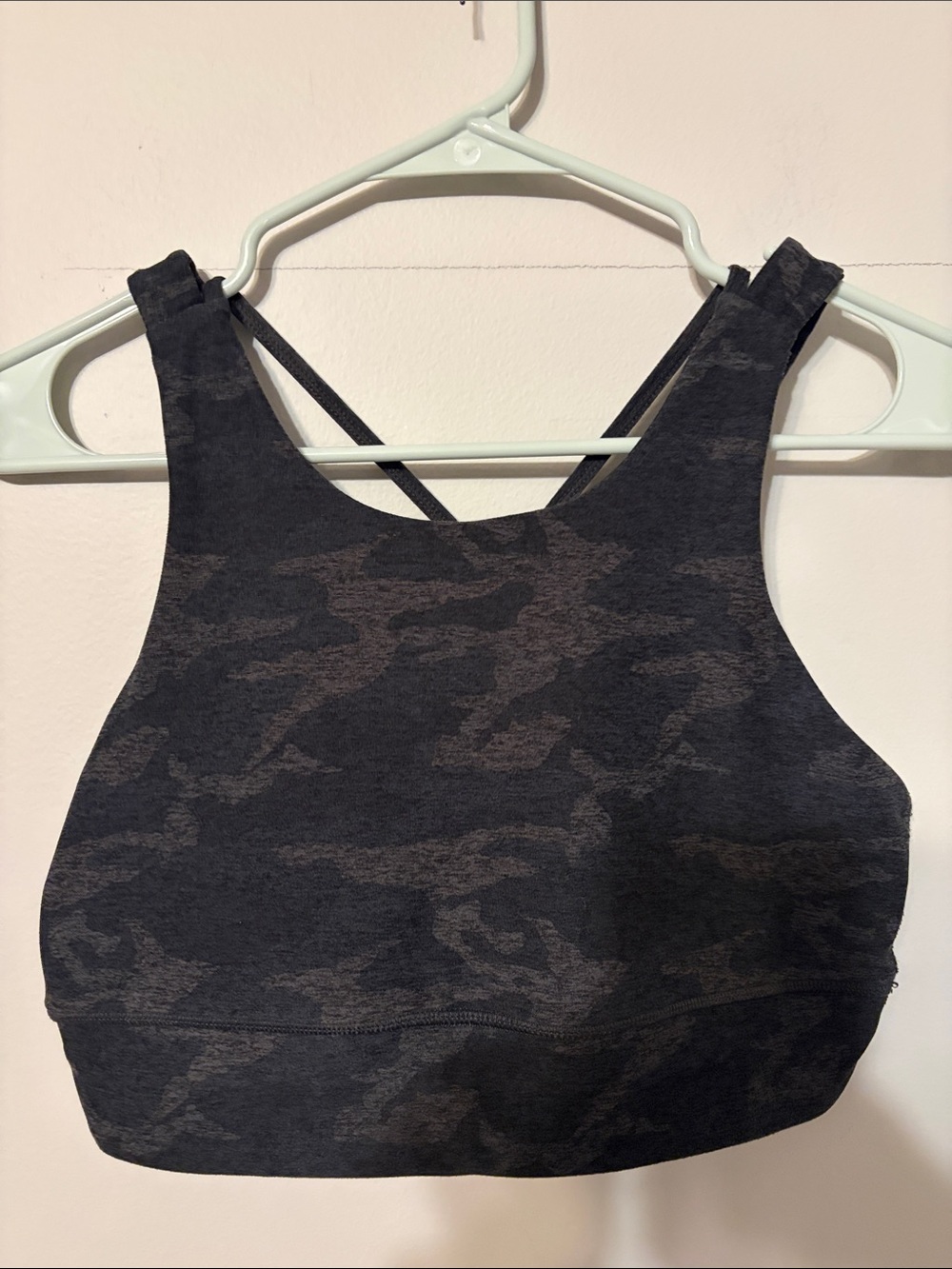 Vuori Black Camo High-Neck cross back Sports Bra.